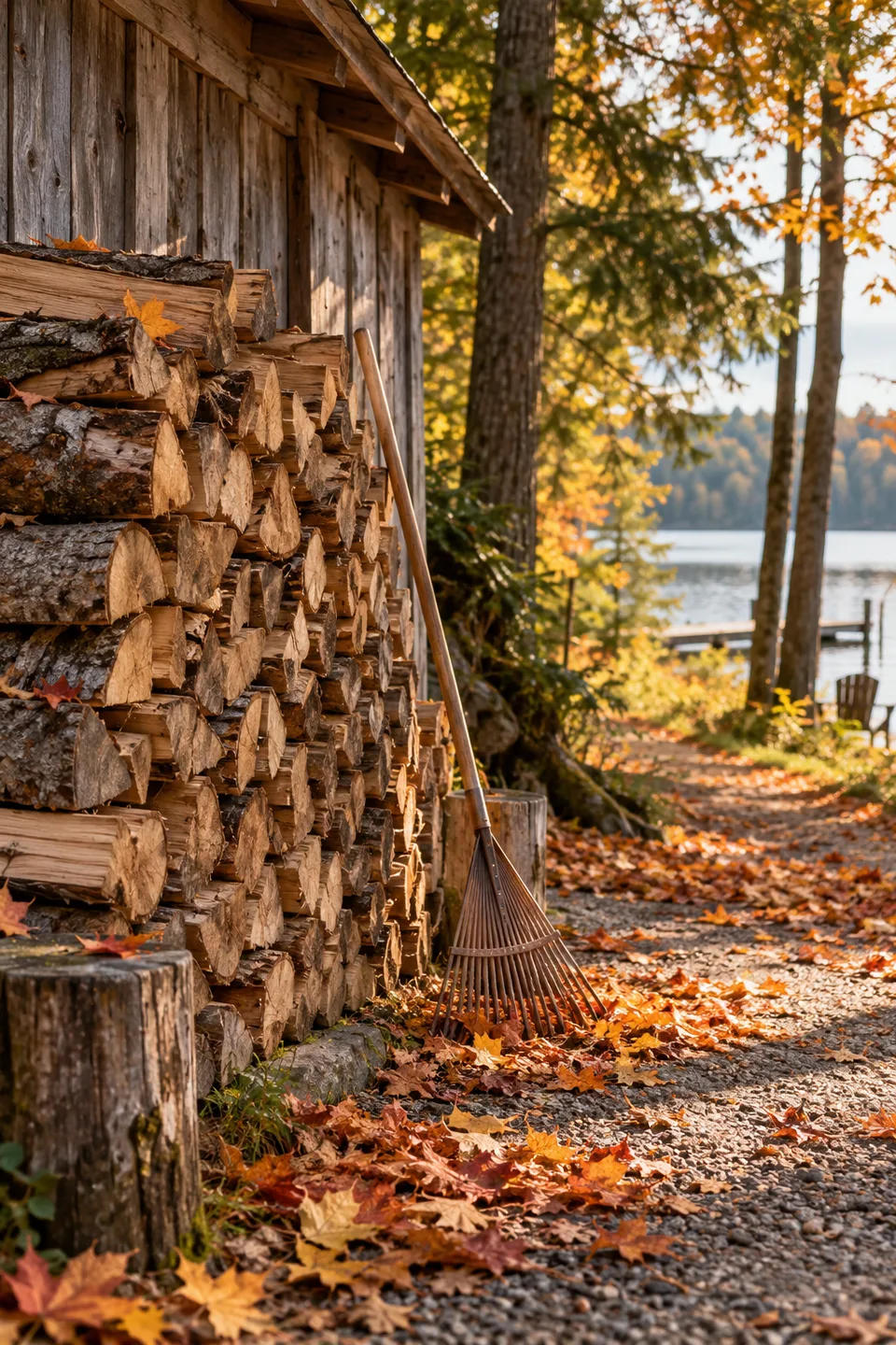 An autumn illustration of stacked firewood and a leaf rake beside a cedar cabin.