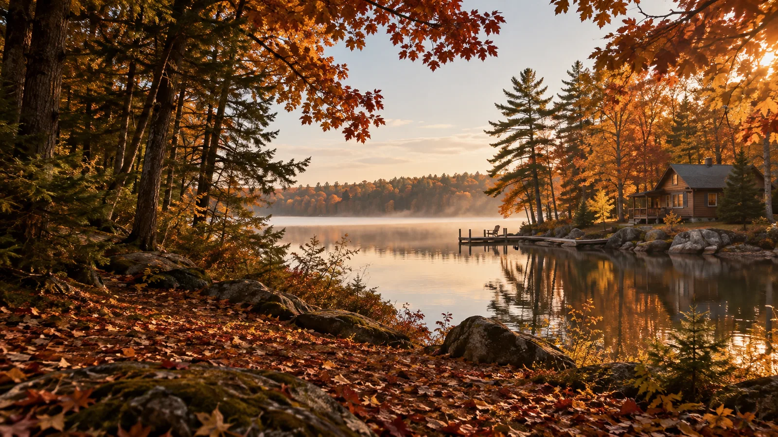 An illustrated autumn lake scene, with glowing maple leaves, a cedar cabin and quiet water.